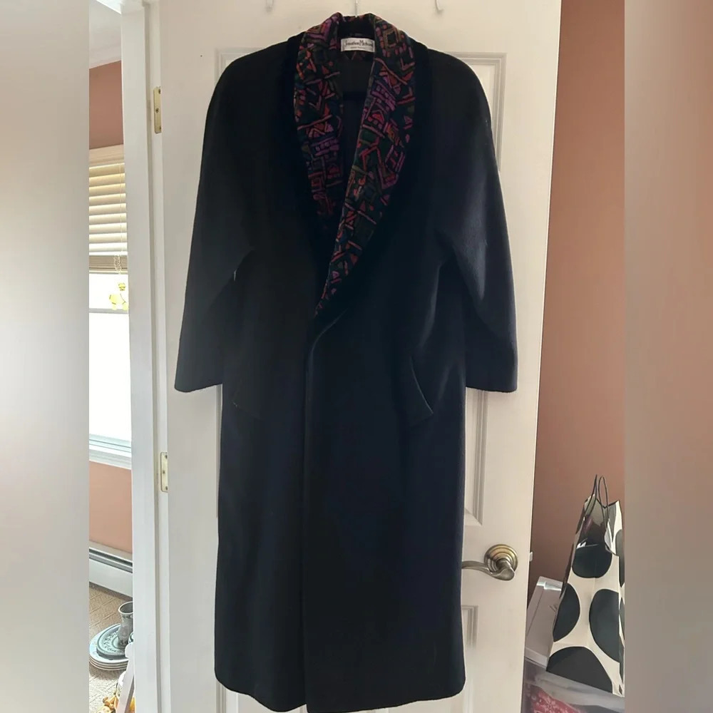 Vintage Jonathan Michael Black Long Wool velvet shawl collar Dress Coat
